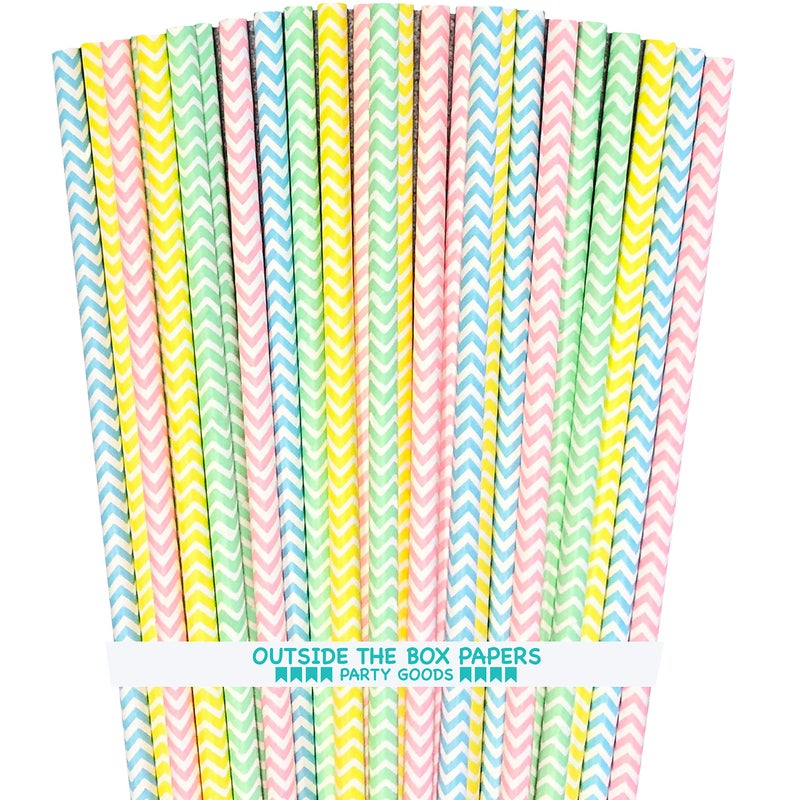 Outside the Box Papers Pastel Chevron Paper Straws - Easter Straws - 100 Pack Pink, Light Blue, Yellow, Green - Image 1